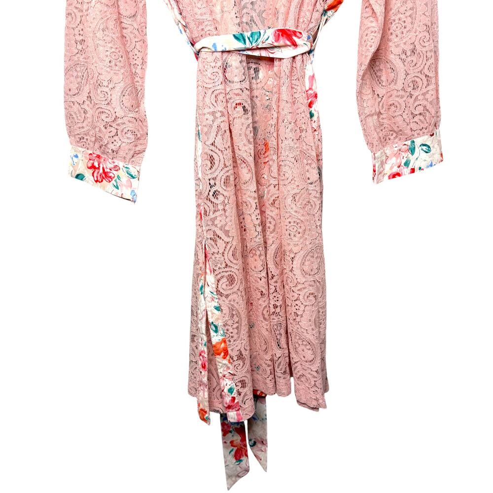 New POL‎ Pink Lace Duster Robe L Floral Trim Boho Coquette Cottagecore Kimono - Picture 6 of 9
